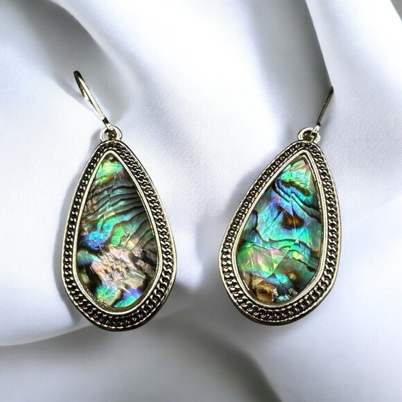 NAPIER Dangling Gold Tone Faux Abalone Leverback Earrings Teardrop Iridescent - Picture 1 of 9